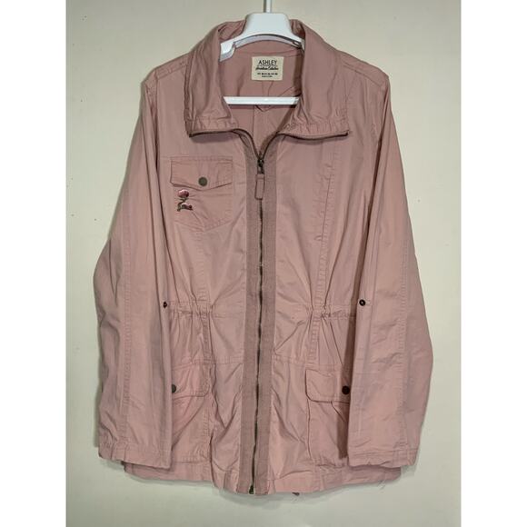 Ashley Downtown Collection Pink Floral Embroidered Utility Jacket Women Size XL - Picture 1 of 8